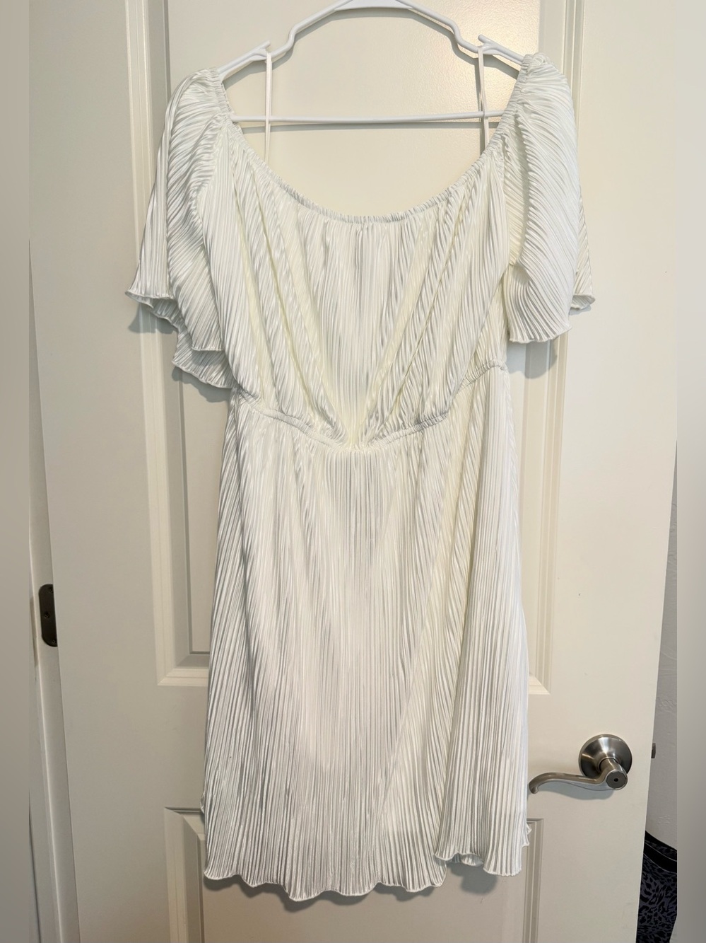 Ivory Pleated Midi Dress with Flutter Sleeves
